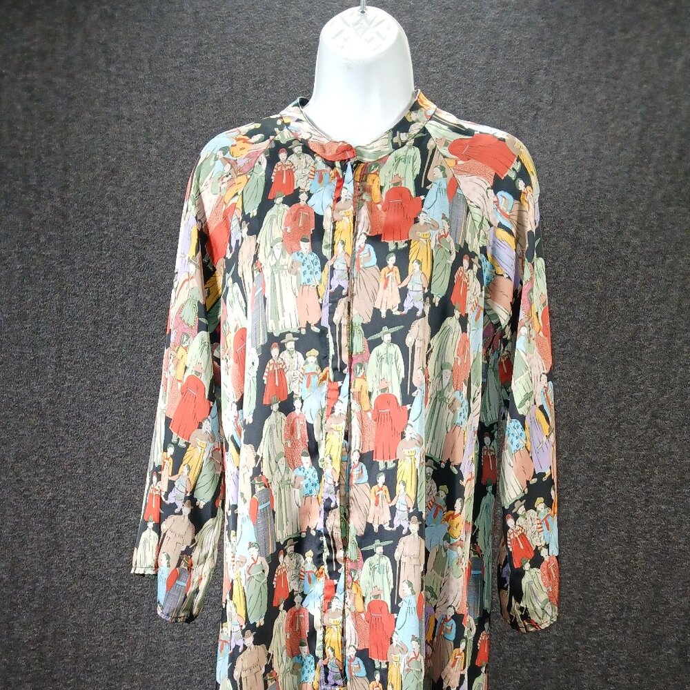 Natori Silk Shirt Dress with Vintage Asian Figure Print